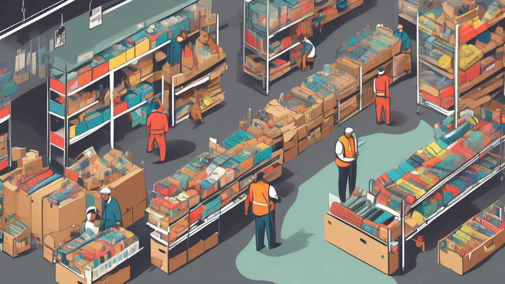 A detailed illustration of a warehouse filled with a variety of colorful dog collars organized on shelves. Workers are seen inspecting and stacking boxes labeled with different sizes and styles of col