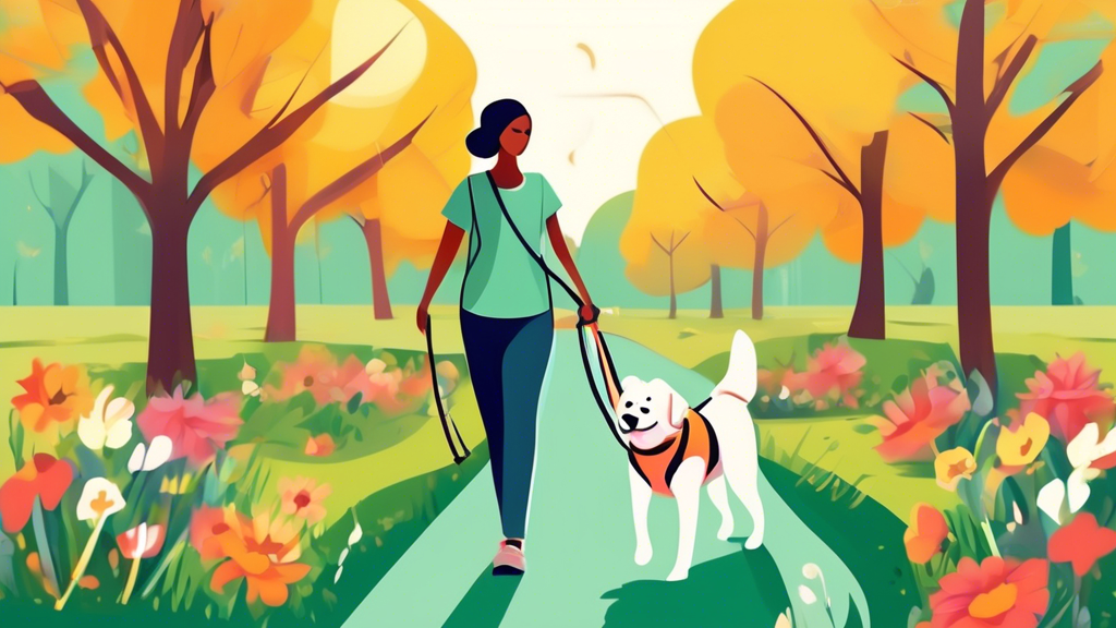 Create an image of a cheerful dog owner easily walking their happy dog using a sleek and comfortable lead harness. The scene should be set in a sunny park with green grass and blooming flowers, showca