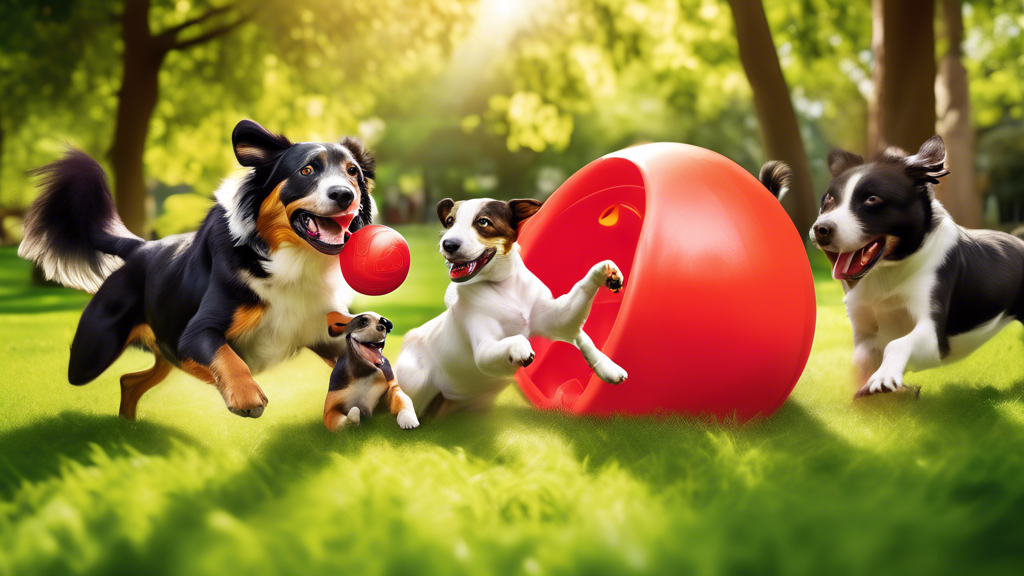 Create an image of dogs joyfully playing with vibrant, colorful Kong Bouncers in a lush, green park. The scene should show dogs of various breeds and sizes interacting with the bouncy toys, capturing 