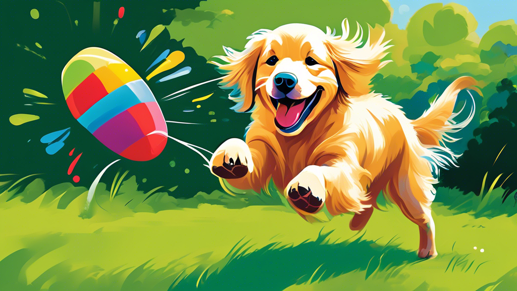 A joyful Golden Retriever playing with a vibrant, colorful Kong Wubba Large toy in a sunny, spacious backyard. The dog looks ecstatic, with its tail wagging and mouth playfully tugging at the toy. In 