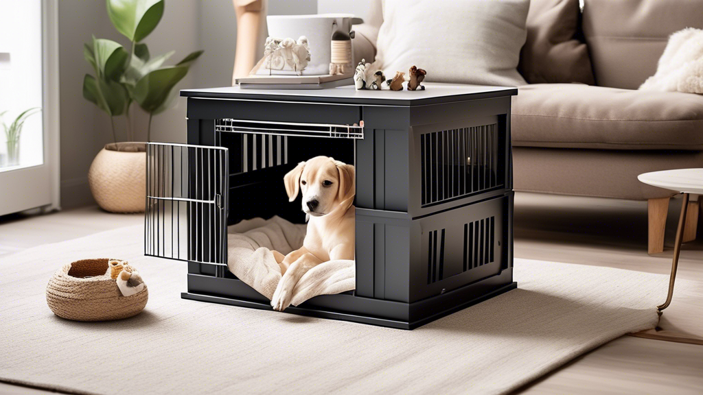 Create an image of a cozy and stylish indoor dog crate setup placed in a modern living room. Show a happy dog lying comfortably inside the crate with a plush bed and some favorite toys. Include elemen