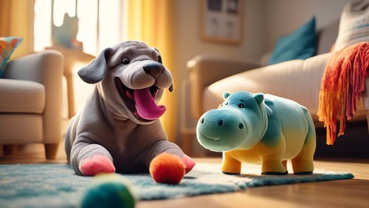 Create an image showing a happy dog playing with a colorful, plush hippopotamus toy. The scene should be set in a cozy living room with sunlight streaming in through the windows. The dog looks energet