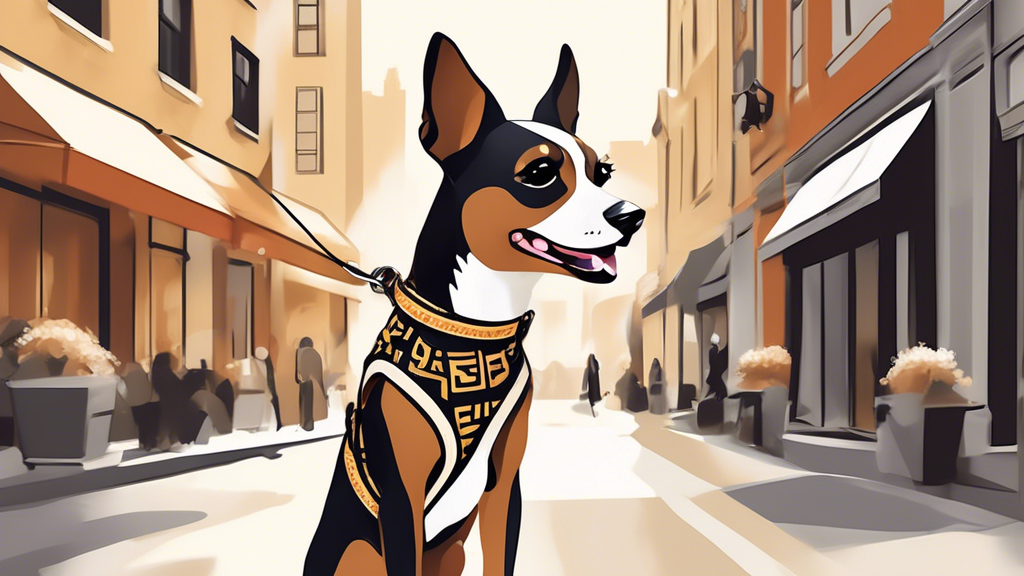 Create an image of a fashionable dog wearing a stylish Fendi dog harness in a chic urban setting. The harness features the iconic Fendi logo and design patterns, and the dog looks happy and well-groom