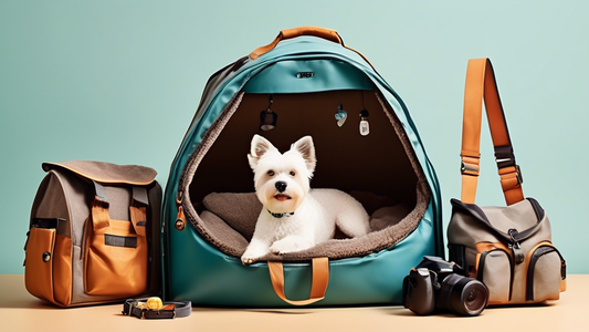 Create an image showcasing a variety of essential dog accessories for pet owners. Include a cozy dog bed, a stylish collar and leash set, a set of chew toys, a grooming brush, food and water bowls, a 