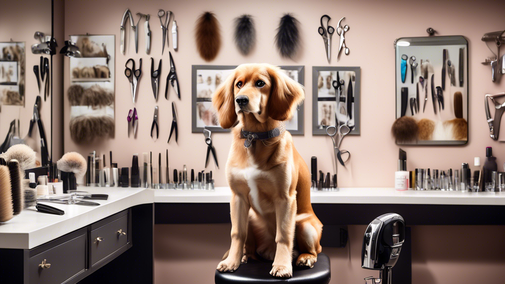 Create an image of a cozy, well-lit grooming salon with a variety of grooming scissors neatly displayed on a countertop. Include a friendly dog with a well-groomed coat sitting patiently on a grooming