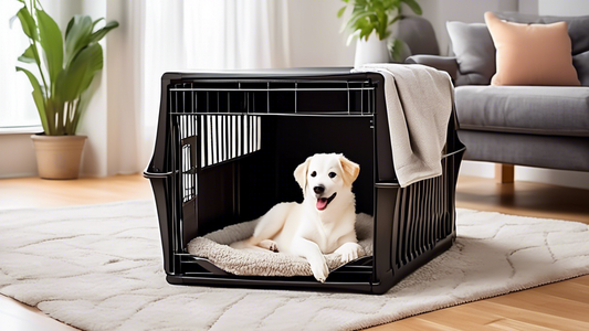 Create an image of a cozy and inviting dog crate with a comfortable and stylish mat inside. The crate is nestled in a bright, modern, and pet-friendly living room. Highlight various features of the ma