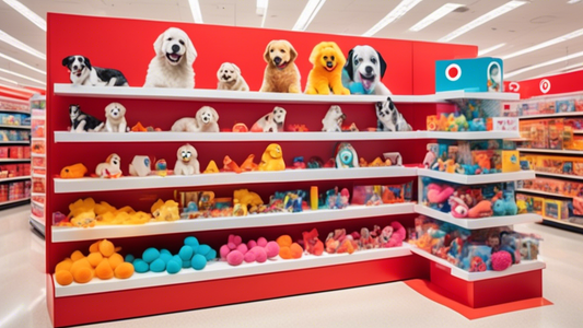 Create an image of a colorful display shelf inside a Target store, featuring a variety of top-rated dog toys. The toys should include rope toys, squeaky toys, chew bones, plush animals, and interactiv