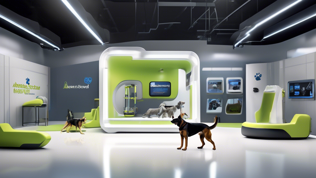 Create an image of a modern dog training facility named 'American Standard K9,' showcasing advanced technology, happy trainers, and well-cared-for dogs. Include elements like a sleek, futuristic inter