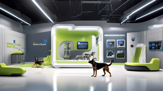 Create an image of a modern dog training facility named 'American Standard K9,' showcasing advanced technology, happy trainers, and well-cared-for dogs. Include elements like a sleek, futuristic inter
