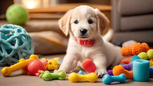 Create an image showing a playful and adorable puppy surrounded by a variety of colorful teething toys specifically designed for puppies. Include different shapes and textures, such as rubber bones, r
