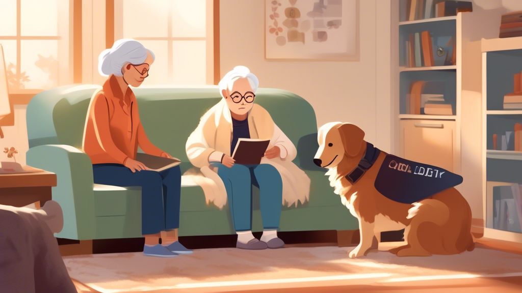 Prompt for DALL-E: A peaceful and cozy home setting showcasing a certified therapy dog interacting with different family members. The therapy dog, wearing a small vest with a certification badge, sits