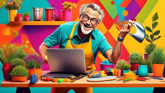 Create an image of a cheerful, middle-aged man named Bob who is multitasking in an energetic and lively setting. Bob is juggling various roles such as cooking, fixing a car, gardening, playing with ki