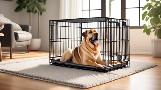 A realistic depiction of a strong, chew-proof dog crate designed for large, powerful breeds. The crate is made of heavy-duty steel with reinforced corners and a secure, durable locking mechanism. Insi