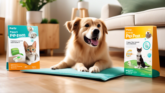 Create an image of a cheerful pet parent in a bright, cozy living room, comparing different types of potty pads. There are several potty pads on the floor, each labeled with different features such as