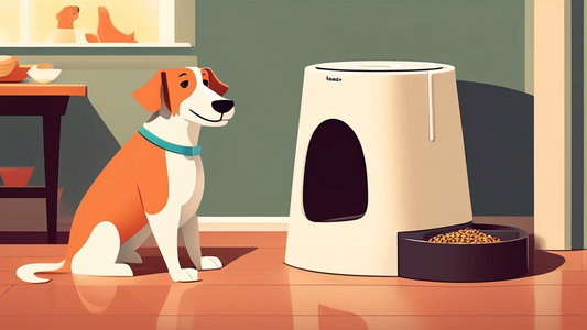 Create an image depicting a happy, well-fed dog sitting contentedly next to a sleek, modern automatic dog feeder in a cozy home setting. The feeder should be dispensing food while the dog owner watche