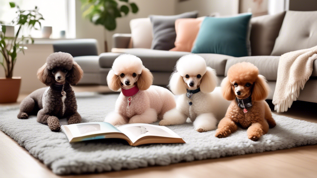 Create an image of a cozy, stylish living room with a variety of teacup poodles of different colors and patterns playing happily on a plush rug. Include a couple of brochures or books on a coffee tabl