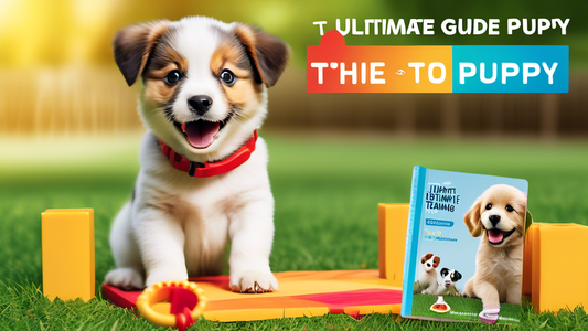 Create an image of a cheerful puppy sitting obediently on a grass yard next to a small training obstacle course with treats and toys. In the background, a happy human is holding a guidebook titled 'Th