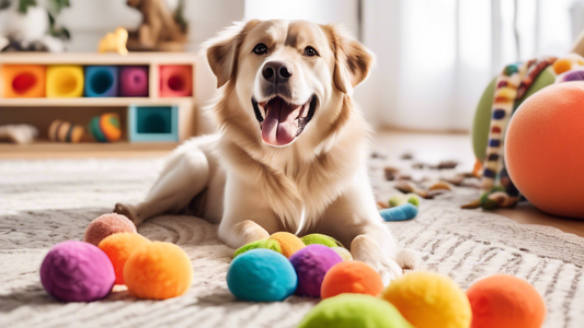 Create a vibrant image featuring a joyful dog playing with a colorful collection of West Paw dog toys in a cozy, home setting. Include a happy pet owner watching the dog play, emphasizing the bond bet