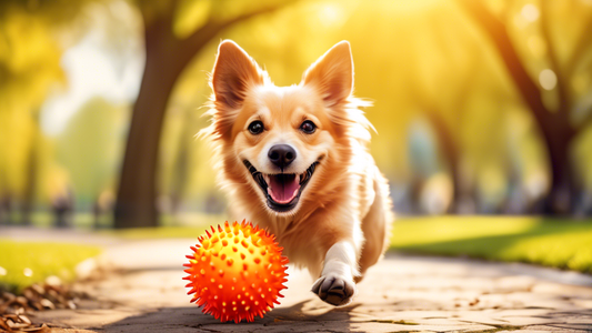 Create an image depicting a happy dog playing in a sunny park with a vibrant, spiky dog ball. The ball should have a textured surface with bright colors, showing its unique design. The dog should appe