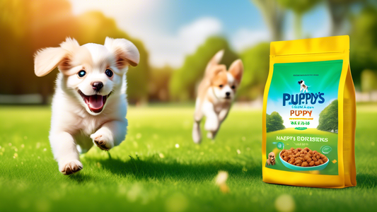 A joyful, healthy puppy playfully running in a bright, green park with a shiny coat and bright eyes, next to a bowl of Diamond Puppy Food. The food bag features vibrant, engaging colors and images of 