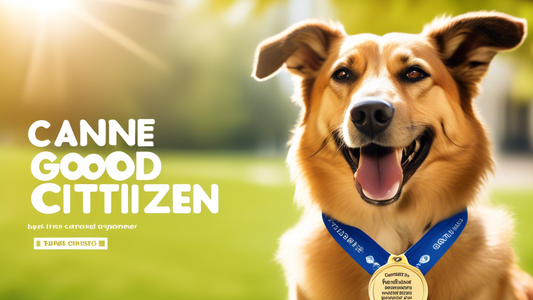Create an image of a well-behaved dog proudly wearing a 'Canine Good Citizen' medal around its neck, standing in a park with its happy owner. The background should feature other dogs practicing good m