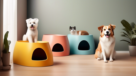 Create an image of a variety of litter boxes designed specifically for dogs, showcasing different sizes, shapes, and features, such as easy-access ramps, high sides, odor control solutions, and comfor