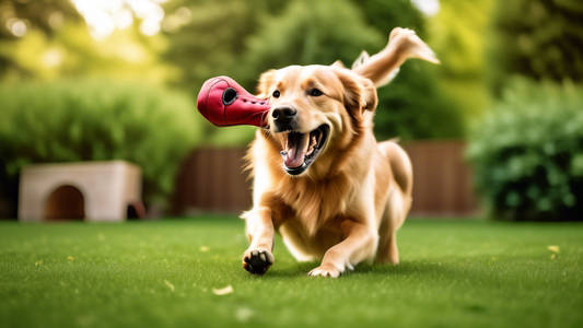 Create a detailed and vibrant image of a happy dog playing with a durable leather chew toy in a lush green backyard. The toy is well-crafted with visible stitching and comes in playful shapes such as 