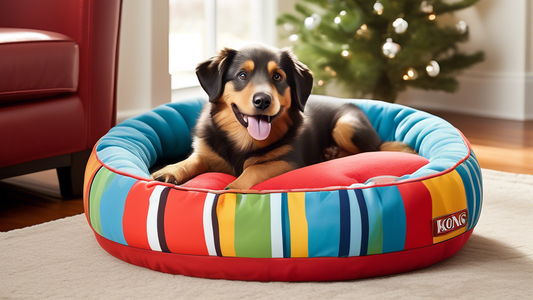 Illustrate a happy dog resting comfortably on a Kong-branded indestructible dog bed. The bed should exhibit durability with chew-resistant features, showing no signs of wear or damage despite the dog'