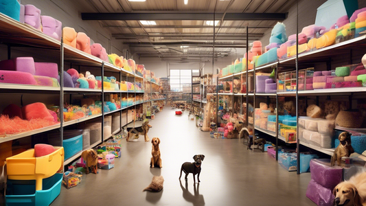 Create an image of a vast, well-organized warehouse filled with a variety of dog supplies. Shelves should be stocked with an array of colorful dog toys, cozy dog beds, nutritious dog food, stylish col