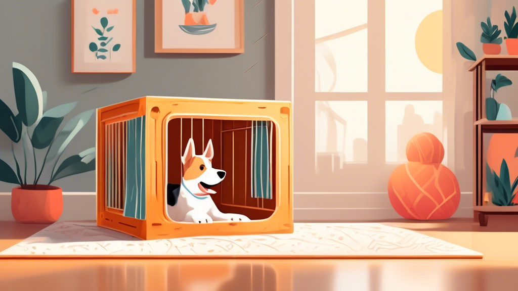 A detailed image of a happy medium-sized dog inside a spacious, cozy crate in a home setting, showcasing various crate features such as soft bedding, good ventilation, and secure latches. The backgrou
