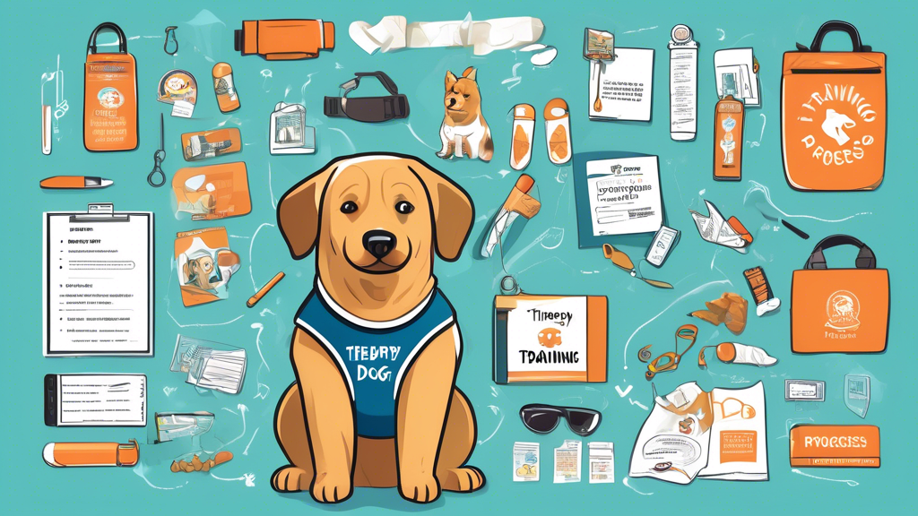 Create a detailed illustration of a therapy dog in training, wearing a vest with a 'Training in Progress' sign. Surround the dog with elements that represent the costs involved in its training: a trai