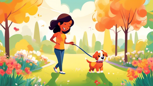 A playful puppy being gently leash trained by a smiling owner in a sunny park. The owner uses a colorful leash and treats to guide the puppy. Trees and flowers are in the background, creating a pleasa