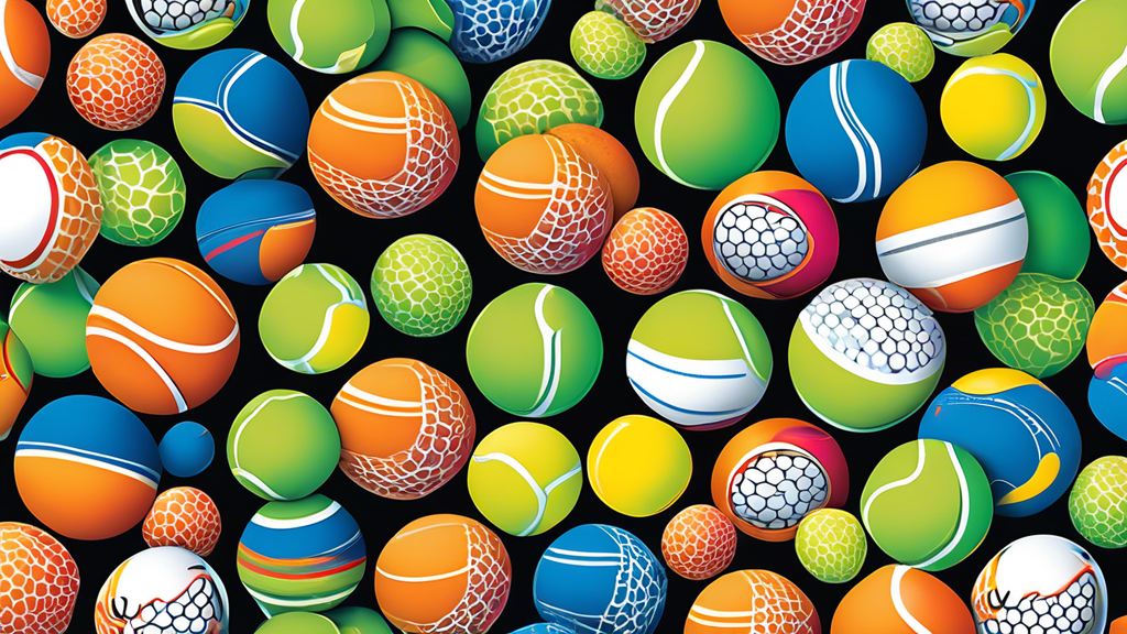 Create an image of a variety of colorful tennis balls designed for dogs, displayed in an outdoor setting such as a park or a backyard. Include different sizes and patterns, showing energetic and happy