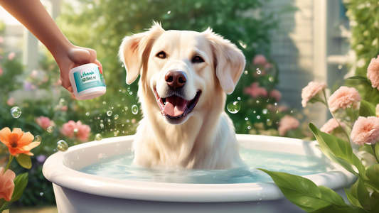 Create a detailed, heartwarming image of a happy, healthy dog with a glossy coat being bathed by its owner using Allermyl Dog Shampoo in a serene garden setting. Emphasize the dog's content expression