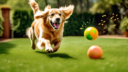 Create an image of a joyful dog running and playing with an automatic dog ball launcher in a sunny and spacious backyard. The dog, a Golden Retriever, should look excited and focused on the ball as it