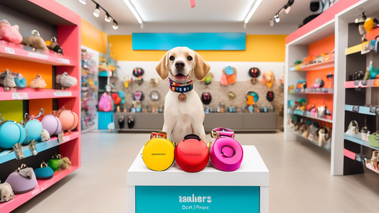A cheerful and sleek modern pet store display showcasing a range of stylish dog collar accessories. The display includes customizable name tags, LED lights, decorative charms, and GPS trackers. Labrad
