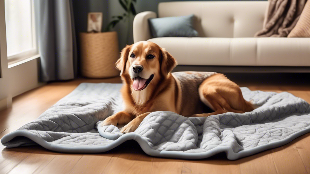 A cozy living room setting with a happy dog lying comfortably on a stylish, waterproof blanket on a couch. The blanket features a durable, water-resistant material and comes in various appealing desig