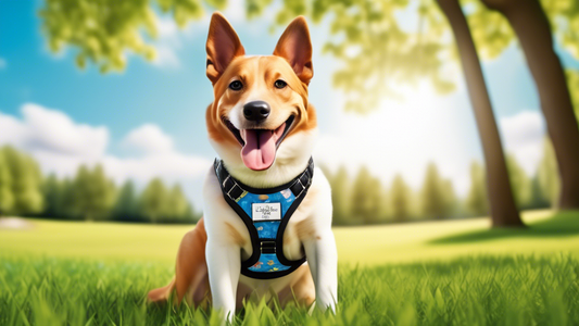 Create an image of a happy, energetic dog wearing a stylish, well-fitting custom-made harness. The harness should have unique colors and patterns, reflecting a personalized design. The background shou