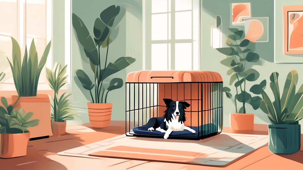 A cozy and stylish intermediate dog crate placed in a modern living room, with a comfortable dog bed inside and a happy medium-sized dog (e.g., Border Collie) resting peacefully. The decor includes ho