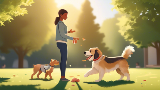 Generate an image depicting a person using positive reinforcement techniques to train a well-behaved dog. The scene should include a variety of training tools, such as treats, clickers, and toys, in a
