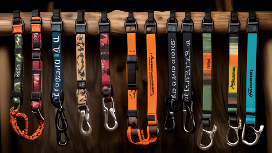 Create an image of a diverse selection of leashes for wild dogs in an outdoor adventure store. The leashes come in various materials, colors, and designs, each suited for different types of wild dogs.