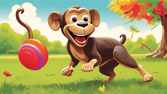 Create an image of a playful dog enjoying a colorful and durable Kong monkey-shaped toy in a vibrant outdoor setting. The dog should be actively engaged, showcasing the toy's durability and the fun it