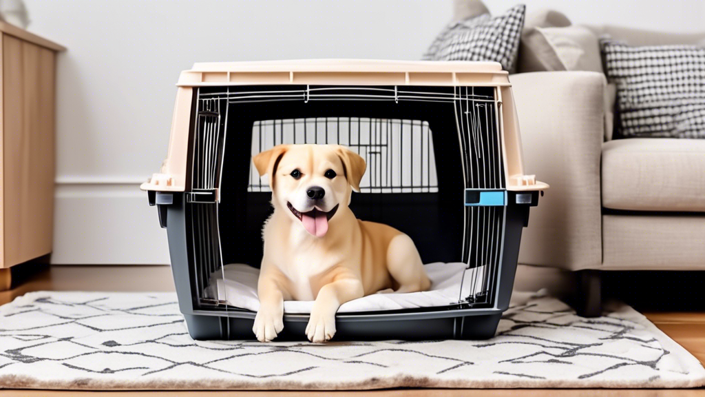 An image of a cozy and stylish plastic dog crate with a door slightly open, revealing a comfortable interior with soft bedding and toys. Around the crate, different breeds of happy dogs, such as a Gol
