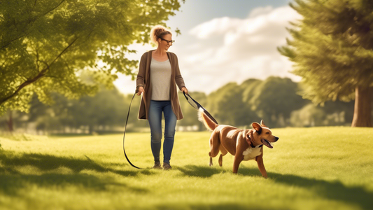 Create an image illustrating the benefits of using a long dog lead. Show a happy dog enjoying a walk in a spacious, grassy park, exploring freely while still being connected to its owner by a long, st