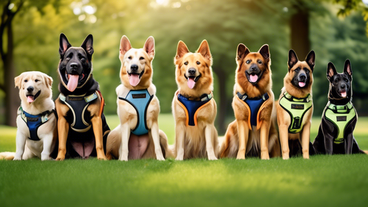 A group of large, happy dogs wearing various top-rated harnesses, showcasing different styles, colors, and features. The scene is set in a bright, outdoor park with green grass and trees, where the do