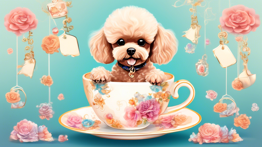 Create an image of a cute teacup poodle sitting inside a luxurious teacup, with price tags floating around it. The background should be light and colorful, evoking a sense of elegance and sophisticati