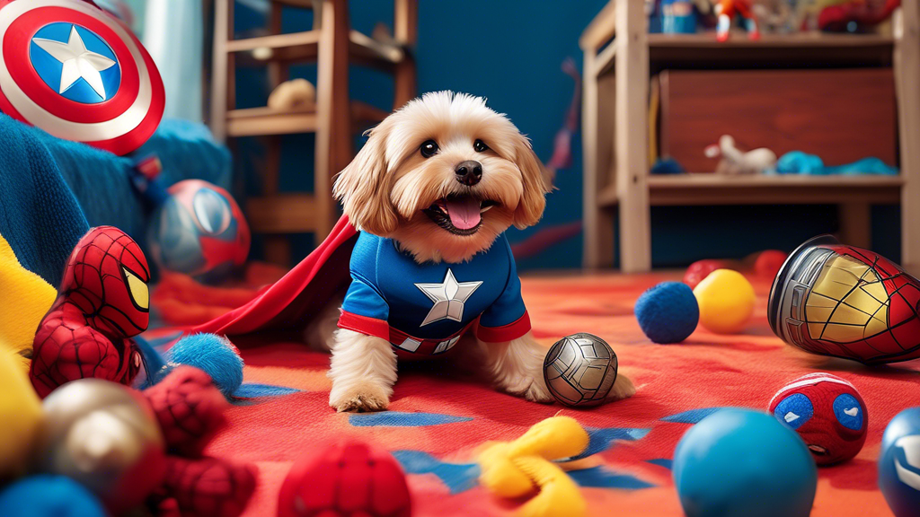 A cheerful scene featuring various dog toys inspired by Marvel superheroes, such as a squeaky Captain America shield, a plush Iron Man, a tug-of-war Thor's hammer, and a bouncy Spider-Man ball, all pl