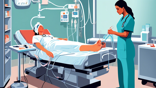 Create an image depicting a healthcare setting where a nurse is skillfully administering a long line lead (peripherally inserted central catheter) to a patient. The scene should showcase the medical b