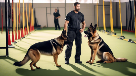 Create an image depicting a professional dog trainer working with a highly alert and focused German Shepherd in a training facility. The environment should include specialized training equipment like 