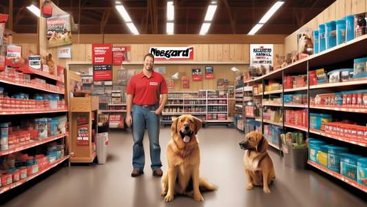 Create an image of a friendly, bustling Tractor Supply store, with neatly organized shelves displaying NexGard products for dogs. Include vibrant signage highlighting NexGard for Dogs and a content do